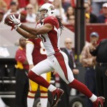 Larry Fitzgerald and Kevin Kolb are forming one heck of a partnership. On one play, Kolb took a massive hit, losing his helmet in the process and still managed to his Fitz for a 73-yard touchdown pass. Fitz ended the day with seven catches for 133 yards and the one touchdown.
