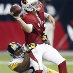Cardinals quarterback Kevin Kolb met a lot of Pittsburgh Steelers players on Sunday. He was only sacked twice, but Kolb saw a lot of pressure coming his way, which played a big part in his going 18-for-34 with one interception.
