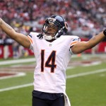 Chicago Bears wide receiver Eric Weems (14) reacts to the crowd during the second half of an NFL football game against the Arizona Cardinals , Sunday, Dec. 23, 2012, in Glendale, Ariz. (AP Photo/Paul Connors)

