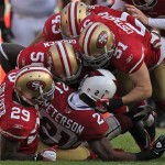 The 49ers defense and specials teams had a field day with the Cardinals. Somehow, the Cards managed to put 223 total yards on the board, but most of those came against the 49ers backups or deeper. San Francisco gained five turnovers, including the one pictured above on a punt return.