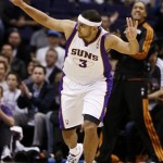Phoenix Suns' Jared Dudley (3) celebrates a three-point basket against the Philadelphia 76ers during the first half of an NBAbasketball game on Wednesday, Jan. 2, 2013, in Phoenix. (AP Photo/Ross D. Franklin)