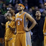 Phoenix Suns guard Jared Dudley (3) and teammates react during a time out near the end of an NBA basketball game against the Boston Celtics in Boston, Wednesday, Jan. 9, 2013. The Celtics won 87-79. (AP Photo/Elise Amendola)