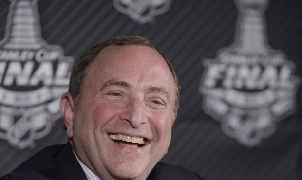 NHL Commissioner, Gary Bettman talks during a news conference before Game 1 of the NHL hockey Stanl...