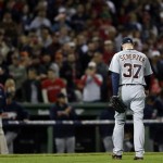 Detroit Tigers starting pitcher Max Scherzer leaves the game in the seventh inning during Game 6 of the American League baseball championship series against the Boston Red Sox on Saturday, Oct. 19, 2013, in Boston. (AP Photo/Charles Krupa)