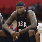DeMarcus Cousins of the Sacramento Kings takes a break from scrimmage during a USA Basketball mini camp practice, Monday, July 22, 2013, in Las Vegas. Twenty-eight of the best young players in the country are in Las Vegas for four days of workouts that essentially mark the kickoff of 2016 Olympic preparations. (AP Photo/Julie Jacobson)