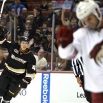 Anaheim Ducks defenseman Hampus Lindholm, left, celebrates his goal as Phoenix Coyotes center Kyle Chipchura looks on during the second period of their preseason NHL hockey game, Monday, Sept. 16, 2013, in Anaheim, Calif. (AP Photo/Mark J. Terrill)