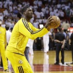 Indiana Pacers center Roy Hibbert works before the first half of Game 7 in their NBA basketball Eastern Conference finals playoff series against the Miami Heat, Monday, June 3, 2013 in Miami. (AP Photo/Lynne Sladky)