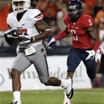 Oklahoma States' Tracy Moore (87) outruns Arizona's Shaguille Richardson (5) for a touchdown during the first half of an NCAA college football game at Arizona Stadium in Tucson, Ariz., Saturday, Sept. 8, 2012. (AP Photo/John Miller)
