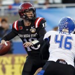  San Diego State quarterback Quinn Kaehler (18) looks for a receiver during the first half of the Famous Idaho Potato Bowl NCAA college football game against San Diego State in Boise, Idaho, on Saturday, Dec. 21, 2013. (AP Photo/Otto Kitsinger)