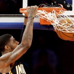 Indiana Pacers' Paul George dunks against the New York Knicks in the second half of Game 5 of an Eastern Conference semifinal in the NBA basketball playoffs, at Madison Square Garden in New York, Thursday, May 16, 2013. (AP Photo/Julio Cortez)