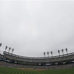  Stadium lights go out at Comerica Park to delay the game in the second inning during Game 3 of the American League baseball championship series between the Boston Red Sox and the Detroit Tigers Tuesday, Oct. 15, 2013, in Detroit. (AP Photo/Charlie Riedel)
