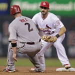 Arizona Diamondbacks' Aaron Hill (2) stops short as he tries to steal second, while St. Louis Cardinals second baseman Daniel Descalso waits to apply the tag in the fourth inning of a baseball game, Thursday, Aug. 16, 2012 in St. Louis. Hill was out. (AP Photo/Tom Gannam)