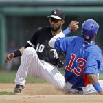 Chicago Cubs' Starlin Castro (13) steals second base as Chicago White Sox shortstop Alexei Ramirez (10) takes the late throw in the fourth inning of an exhibition spring training baseball game Friday, March 15, 2013, in Glendale, Ariz. (AP Photo/Mark Duncan)