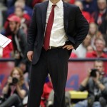Arizona's head coach Sean Miller can't believe the official's call during the second half of an NCAA college basketball game against Florida at McKale Center in Tucson, Ariz.,Saturday, Dec. 15, 2012. Arizona won 65-64. (AP Photo/John Miller)
