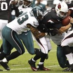 Arizona Cardinals' Kevin Kolb (4) is sacked by Philadelphia Eagles' Jason Babin (93) during the first half in an NFL football game on Sunday, Sept. 23, 2012, in Glendale, Ariz.(AP Photo/Ross D. Franklin)