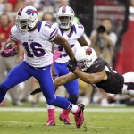 Buffalo Bills wide receiver Brad Smith (16) escapes the reach of Arizona Cardinals inside linebacker Paris Lenon during the second half of an NFL football game, Sunday, Oct. 14, 2012, in Glendale, Ariz. (AP Photo/Paul Connors)