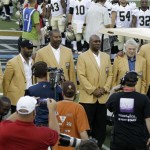 The 2012 Pro Football Hall of Fame inductees are honored before the 
NFL Hall of Fame exhibition football game between the Arizona 
Cardinals and New Orleans Saints, Sunday, Aug. 5, 2012 in Canton, 
Ohio. From left they are: Dermontti Dawson, Curtis Martin, Chris 
Doleman, Cortez Kennedy, Jack Butler, and Willie Roaf. (AP Photo/Gene 
J. Puskar)
