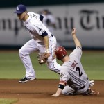 Tampa Bay Rays second baseman Ben Zobrist forces out Arizona Diamondbacks' Aaron Hill (2) at second base on a fourth-inning fielder's choice by Paul Goldschmidt during an interleague baseball game Tuesday, July 30, 2013, in St. Petersburg, Fla. (AP Photo/Chris O'Meara)