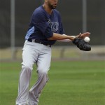 Tampa Bay Rays pitcher David Price bobbles the ball as he runs infield drills during baseball spring training Thursday, Feb. 14, 2013, in Port Charlotte, Fla. (AP Photo/Chris O'Meara)