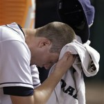 Tampa Bay Rays starting pitcher Jeremy Hellickson sits in the dugout after being taken out of a baseball game against the Arizona Diamondbacks during the fifth inning on Wednesday, July 31, 2013, in St. Petersburg, Fla. (AP Photo/Chris O'Meara)