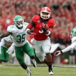 Georgia tailback Todd Gurley (3) runs past North Texas linebacker Zach Orr (35) for a first down in the second half of an NCAA college football game at Sanford Stadium Saturday, Sept. 21, 2013, in Athens, Ga. (AP Photo/Atlanta Journal-Constitution, Jason Getz)