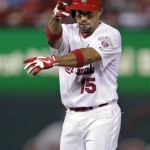 St. Louis Cardinals' Rafael Furcal gestures back to the dugout after hitting a double in the third inning of a baseball game against the Arizona Diamondbacks, Thursday, Aug. 16, 2012 in St. Louis. (AP Photo/Tom Gannam)