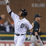 Detroit Tigers designated hitter Victor Martinez looks skyward after hitting a solo home run during the seventh inning of Game 4 of baseball's American League division series against the Oakland Athletics in Detroit, Tuesday, Oct. 8, 2013. (AP Photo/Lon Horwedel)