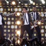 Bruno Mars performs during the halftime show of the NFL Super Bowl XLVIII football game Sunday, Feb. 2, 2014, in East Rutherford, N.J. (AP Photo/Mark Humphrey)