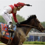 Joel Rosario rides Orb reacts after the 139th Kentucky Derby at Churchill Downs Saturday, May 4, 2013, in Louisville, Ky. (AP Photo/David Goldman)
