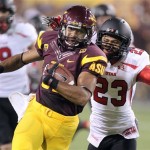 Arizona State wide receiver Kevin Ozier, left, is hauled down just shy of the goal line by Utah defensive back Wykie Freeman, right, in the second quarter of a college football game, Saturday, Sept. 22, 2012, in Tempe, Ariz. (AP Photo/Paul Connors)
