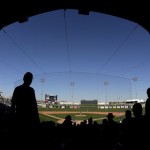 In this photo made with a fisheye lens, fans watch during the seventh inning of an exhibition spring training baseball game between the Texas Rangers and the Chicago Cubs Wednesday, March 6, 2013, in Surprise, Ariz. (AP Photo/Charlie Riedel)