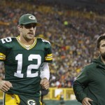 Green Bay Packers' Aaron Rodgers heads to the locker room after being hurt during the first half of an NFL football game against the Chicago Bears Monday, Nov. 4, 2013, in Green Bay, Wis. (AP Photo/Jeffrey Phelps)