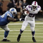  Buffalo Bills running back C.J. Spiller (28) escapes from Detroit Lions defensive tackle Nick Fairley (98) in the first quarter of their NFL preseason football game in Detroit, Thursday, Aug. 30, 2012. (AP Photo/Duane Burleson)