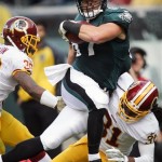 Philadelphia Eagles' Brent Celek fights for the extra yard during an NFL football game against the Washington Redskins in Philadelphia, Sunday, Nov. 17, 2013. (AP Photo/The News-Journal, Andre L. Smith)