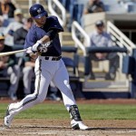 Milwaukee Brewers' Ryan Braun hits a home run during the first inning of an exhibition spring training baseball game against the Oakland Athletics Saturday, Feb. 23, 2013, in Phoenix. (AP Photo/Morry Gash)
