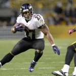 Baltimore Ravens running back Ray Rice (27) tries to get around Pittsburgh Steelers cornerback William Gay in the fourth quarter of an NFL football game on Sunday, Oct. 20, 2013, in Pittsburgh. (AP Photo/Don Wright)