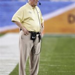 Central Florida head coach George O'Leary watches his team compete against Baylor during the first half of the Fiesta Bowl NCAA college football game, Wednesday, Jan. 1, 2014, in Glendale, Ariz. (AP Photo/Rick Scuteri)