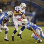 Indianapolis Colts quarterback Andrew Luck (12) is hit from both sides by San Diego Chargers inside linebacker Manti Te'o, right, and defensive end Corey Liuget during the second half of an NFL football game Monday, Oct. 14, 2013, in San Diego. (AP Photo/Lenny Ignelzi)
