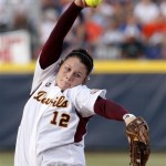 Arizona State's Dallas Escobedo pitches against Florida in the third inning of a Women's College World Series championship series game in Oklahoma City, Monday, June 6, 2011. (AP Photo/Sue Ogrocki)