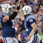 After scoring a touchdown against the Kansas City Chiefs, Indianapolis Colts quarterback Andrew Luck (12) celebrates with Mike McGlynn (75) during the second half of an NFL wild-card playoff football game Saturday, Jan. 4, 2014, in Indianapolis. (AP Photo/AJ Mast)