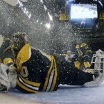 Boston Bruins goalie Tuukka Rask (40), of Finland, defends the net as ice crystals swirl around him during the second period in Game 3 of the NHL hockey Stanley Cup Finals against the Chicago Blackhawks in Boston, Monday, June 17, 2013. (AP Photo/Bruce Bennett, Pool)