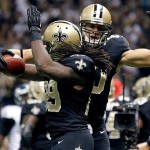 New Orleans Saints tight end Jimmy Graham (80) celebrates with running back Chris Ivory (29) after Ivory's touchdown during the first half of an NFL football game at Mercedes-Benz Superdome in New Orleans, Monday, Nov. 5, 2012. (AP Photo/Bill Haber)