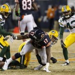  Chicago Bears wide receiver Alshon Jeffery (17) fumbles the ball during the first half of an NFL football game against the Green Bay Packers, Sunday, Dec. 29, 2013, in Chicago. The Packers won 33-28. (AP Photo/Charles Rex Arbogast)