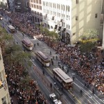 Motorized cable cars carrying the San Francisco Giants make their way up Market Street during the baseball team's World Series-championship parade in San Francisco, Wednesday, Nov. 3, 2010. (AP Photo/Eric Risberg)