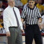  Arizona State head coach Herb Sendek, left, reacts after the referee called a technical foul on the crowd for throwing objects on the court during the second half of an NCAA basketball game against Marquette, Monday, Nov. 25, 2013, in Tempe, Ariz. Arizona State won 79-77. (AP Photo/Matt York)