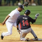 Atlanta Braves' Ramiro Pena (14) is tagged out at second base by Detroit Tigers shortstop Jhonny Peralta during the fourth inning of a baseball spring training exhibition game, Wednesday, Feb. 27, 2013, in Lakeland, Fla. (AP Photo/Charlie Neibergall)
