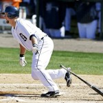 Detroit Tigers' Bryan Holaday hits a two-run double during the fourth inning of a spring training baseball game against the Toronto Blue Jays, Wednesday, March 6, 2013, in Lakeland, Fla. (AP Photo/Charlie Neibergall)
