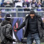 Baltimore Ravens linebacker Ray Lewis, right, and safety Ed Redd dance during a championship celebration at the team's stadium in Baltimore, Tuesday, Feb. 5, 2013. The Ravens defeated the San Francisco 49ers in NFL football's Super Bowl XLVII 34-31 on Sunday. (AP Photo/Steve Ruark)