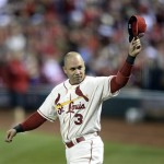  St. Louis Cardinals' Carlos Beltran acknowledges the crowd before Game 3 of Game 3 of baseball's World Series against the Boston Red Sox Saturday, Oct. 26, 2013, in St. Louis. (AP Photo/Tannen Maury, Pool)