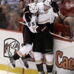 Anaheim Ducks right wing Emerson Etem (65) celebrates his goal with David Steckel (20) against the Detroit Red Wings in the third period of Game 4 of a first-round NHL hockey Stanley Cup playoff series in Detroit, Monday, May 6, 2013. (AP Photo/Paul Sancya)